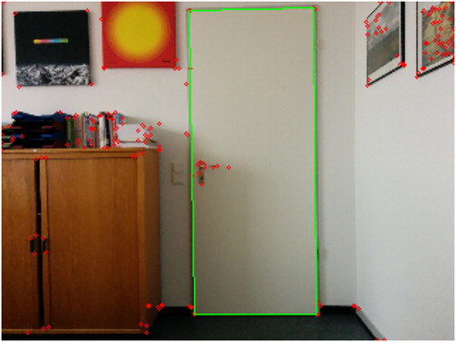 Figure 8. Example of the detected door. The red dots are corner points and the green rectangle is the correctly detected door.