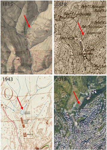 Figure 8. Historical cartographic and photographic comparison of the piers of the Lagaccio Stream valley