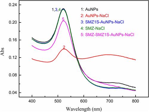 Figure 2 Absorption spectra of AuNPs solutions in different sample solutions. AuNPs, 180 µL; NaCl, 30 mM; SMZ1S, 80 nM; SMZ, 1µg mL−1.