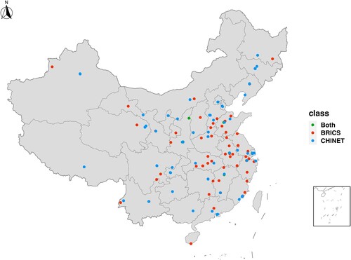 Figure 1. Surveillance networks. Geographical distribution of sentinel hospitals of BRICS and CHINET. Due to the extensive number of sentinel hospitals in CARSS (exceeding 1,500), it is impractical to display them individually on the map. Therefore, CARSS sentinel hospitals have not been marked on the map.