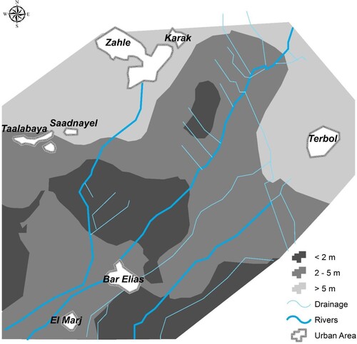 Figure 4. Shallow water table depth in the Central Bekaa Plain of Lebanon reveals high vulnerability to contamination (Source Darwish et al., Citation2004).
