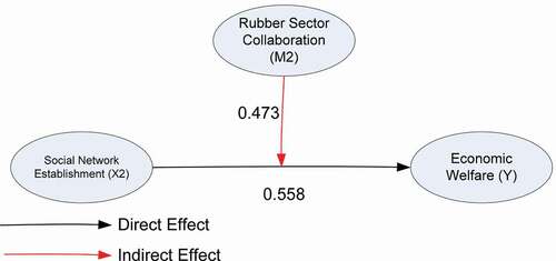 Figure 8. Effects of moderation in the rubber sector collaboration on the effects of the social network establishment on economic welfare