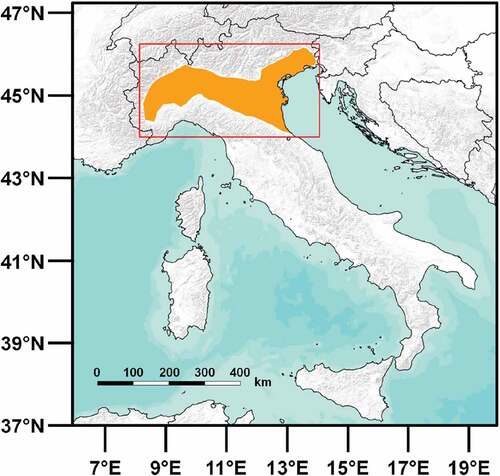 Figure 1. Map of Italian Peninsula and study area. Orange area represents Po Plain in its entirety. Red rectangle is the polygon extent of Po Plain with 10-km-buffer where Ecological Niche Models were performed.