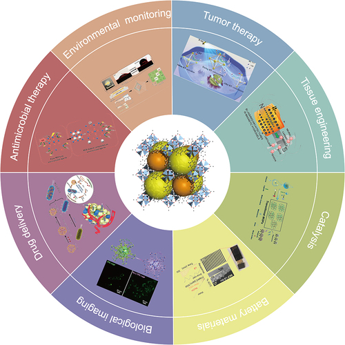 Figure 1 Schematic diagram of the application of MOF materials in different fields. Adapted from Cao, Y., Fu, M., Fan, S., Gao, C., Ma, Z., & Hou, D. Hydrophobic MOF/PDMS-Based QCM Sensors for VOCs Identification and Quantitative Detection in High-Humidity Environments. ACS Appl Mat Inter. 2024;16(6), 7721–7731. Copyright © 2024 American Chemical Society. Pardo, A., Gómez-Florit, M., Barbosa, S., Taboada, P., Domingues, R. M. A., & Gomes, M. E. (2021). Magnetic Nanocomposite Hydrogels for Tissue Engineering: Design Concepts and Remote Actuation Strategies to Control Cell Fate. ACS nano, 15(1), 175–209. Copyright © 2021 American Chemical Society. Andrés, M. A., Vijjapu, M. T., Surya, S. G., Shekhah, O., Salama, K. N., Serre, C., Eddaoudi, M., Roubeau, O., & Gascón, I. (2020). Methanol and Humidity Capacitive Sensors Based on Thin Films of MOF Nanoparticles. ACS Appl Mater Interfaces, 12(3), 4155–4162. Copyright © 2020 American Chemical Society. Wang, P., Li, X., Zhang, P., Zhang, X., Shen, Y., Zheng, B., Wu, J., Li, S., Fu, Y., Zhang, W., & Huo, F. (2020). Transitional MOFs: Exposing Metal Sites with Porosity for Enhancing Catalytic Reaction Performance. ACS Appl Mater Interfaces, 12(21), 23968–23975. Copyright © 2020 American Chemical Society. Dong J, Pan Y, Yang K, et al. Enhanced biological imaging via aggregation-induced emission active porous organic cages. ACS nano. 2022;16(2):2355–2368. Copyright © 2022 American Chemical Society. Wang JW, Chen QW, Luo GF, et al. A self-driven bioreactor based on bacterium-metal-organic framework biohybrids for boosting chemotherapy via cyclic lactate catabolism. ACS nano. 2021;15(11):17870–17884. Copyright © 2021 American Chemical Society. Li R, Chen T, Pan X. Metal–organic-framework-based materials for antimicrobial applications. ACS Nano. 2021;15(3):3808–3848. Copyright © 2021 American Chemical Society.Citation47–54