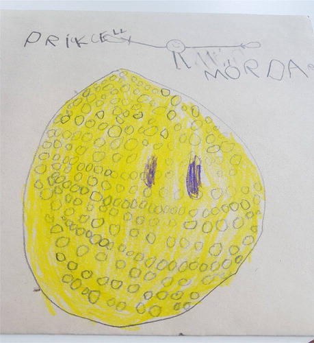 Figure 4. Drawing by a child (G11), who was placed in the third category, representing fragments of the content from the activities. She talked about ‘prickcell’ (dotted cell) and ‘mördarcell’ (killer cell).