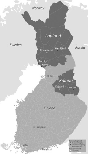 Figure 1. Lapland and Kainuu, and the regional capitals and other municipalities with city status in the two regions, viewed in the context of major cities in Finland.