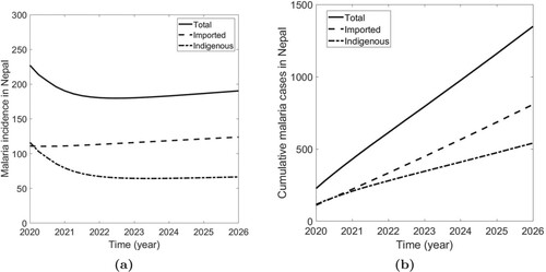 Figure 4. Model prediction of the malaria epidemic in Nepal. (a) The model prediction of the annual incidence of indigenous, imported, and total malaria cases from 2020 to 2026; and (b) the model prediction of the cumulative cases of indigenous, imported and total malaria infection from 2020 to 2026.