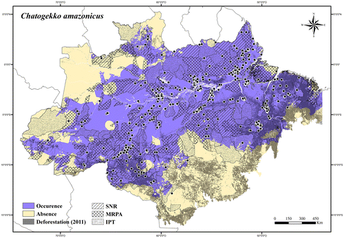 Figure 86. Occurrence area and records of Chatogekko amazonicus in the Brazilian Amazonia, showing the overlap with protected and deforested areas.