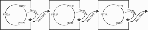 Figure 3. The iterative cycles of practical assessment of SSA. It shows how the PSTs (three in each group, named 1, 2 and 3) changed their role in each of the cycles, being the one arguing for (PSTF) or against (PSTA) the SSI, or acting as examiner (PSTE) assessing the argumentation. This process is repeated with two different SSI.