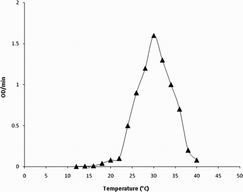 Figure 5. The variation of the activity of the enzyme with temperature. The reaction solution 1 mL contained 1.80 IU of the enzyme, 100 μM H2O2, 200 μM p-cresol in 50 mM sodium phosphate buffer. The temperature of the reaction solution was varied at fixed pH of 7.0.