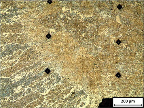 Figure 6. The as-welded microstructure of the FZ, and HAZ from the specimen welded parallel to the rolling direction. The microstructure of the CGHAZ is mainly composed of Widmanstätten Ferrite, lathe Martensite, and polygonal Ferrite.