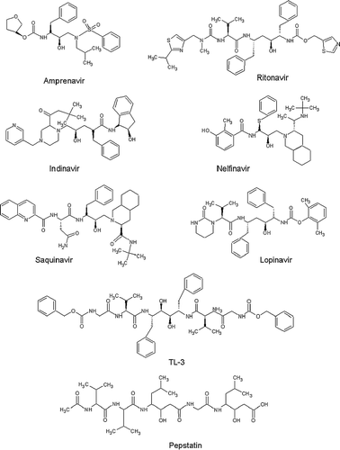 Figure 2.  Chemical structures of the six FDA-approved HIV PR inhibitors used in present study. Schematic representations of APV, amprenavir; IDV, indinavir; LPV, lopinavir; NFV, nelfinavir; RTV, ritonavir; SQV, saquinavir; PPT, acetyl-pepstatin and TL-3 are given.