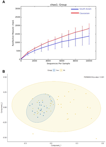 Figure 1 (A) Rarefaction curves plotting the alpha-diversity (number of species, chao 1) found within a given number of observations (DNA sequences) from 16S rRNA gene sequences of South Asian and Caucasian UC faecal samples. (B) Beta diversity plot showing clear separation of South Asian and Caucasian samples (Brays Curtis, PERMANOVA, p value= 0.001).