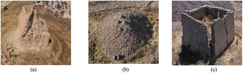 Figure 2. Examples of existing beacons that are in poor condition (eroded or collapsed): (a) an irregularly shaped weathered beacon; (b) a completely collapsed and unrecognizable beacon; (c) a beacon with a collapsed interior and standing brick outer wall.