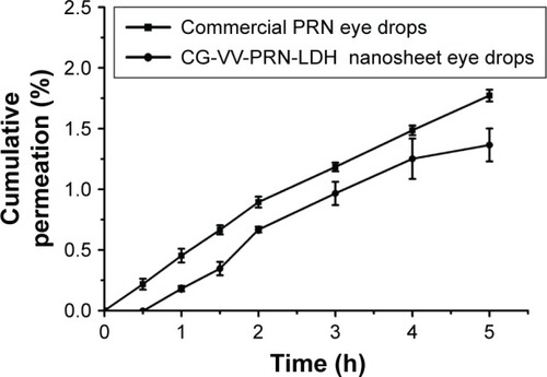 Figure 4 In vitro corneal permeation profiles of commercial PRN eye drops and CG-VV-PRN-LDH nanosheet eye drops in GBR solution.Note: Each value represents mean ± SD (n=6).Abbreviations: PRN, pirenoxine sodium; CG-VV, chitosan–glutathione–valine– valine; LDH, layered double hydroxide; GBR, glutathione-sodium bicarbonate Ringer; SD, standard deviation.