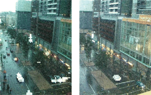Figure 16. Two sample output frames: moving camera in rainy conditions with additive noise of variance 50. Source: Photograph by the author.