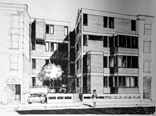Figure 16. Barry Jackson, drawing of new vest-pocket housing for Harlem, published in People & Plans, 1967. Source: LaGuardia and Wagner Archives.