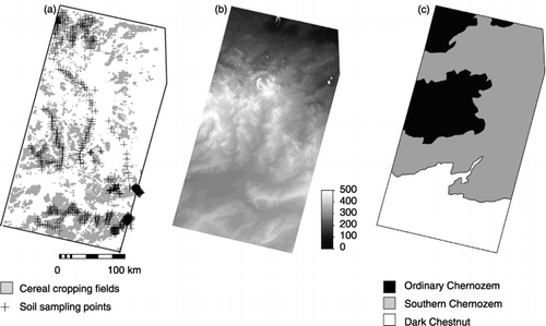 Figure 2  Study area description a. Shows the distribution of cereal cropping fields and soil sampling sites. b. Shows the elevation (m) of study area. c. Shows the soil map.