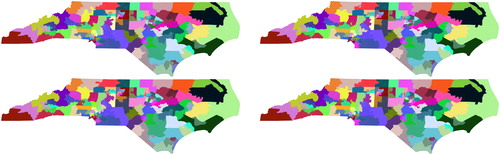 Fig. 2 First: The challenged State House districting of North Carolina, and three examples of maps encountered by a sequence of random changes.