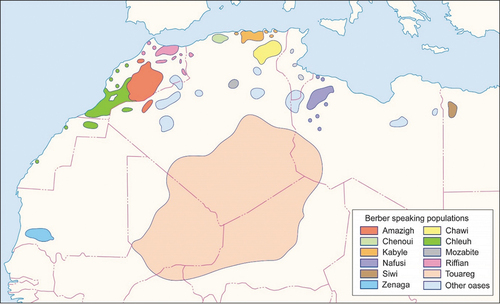 Figure 1. Map showing territorial extent of major Amazigh language groups in contemporary North Africa. Territorial extent does not correlate to demographic or political importance, nor are these zones of linguistic exclusivity. Derived from: [https://commons.wikimedia.org/wiki/File:Berber_Language_Tutlayt_Tamazight.svg]