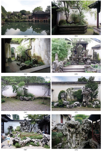 Figure 2. Rockery in Suzhou Classical Gardens: (a) The Huangshi Rockery Yugang (“云岗”); (b) The Gumu Jiaoke (“古木交柯”); (c) The Huabu Xiaozhu (“花步小筑”); (d) Taihu Lake stone group near the Hanbi Mountain Villa (“涵碧山房”); (e) The Malus Spectabilis Garden Court (“海棠春坞”); (f) The Xiangshui Chunnong (“香睡春浓”); (g) The Nine-Lion Pavilion (“九狮峰”); (h) The TaiHu Stone Rockery in the HXSZ.