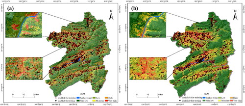 Figure 7. Landslide susceptibility mappings: (a) ANN model; (b) RF model.