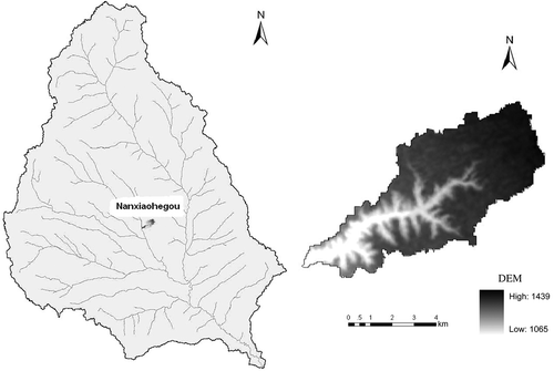 Fig. 4 Location of the Nanxiaohegou sub-basin and its DEM.