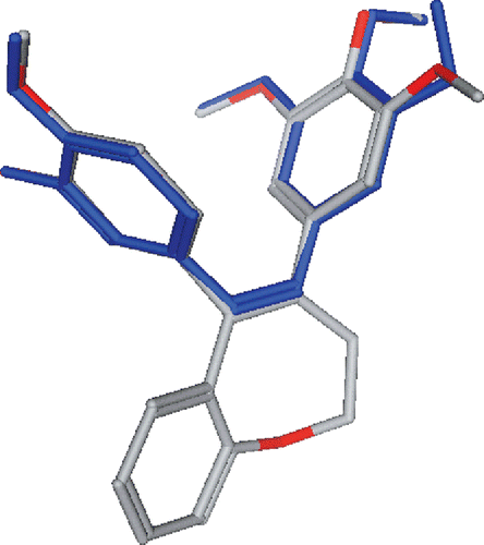 Figure 2.  Overlay of combretastatin CA-4 (blue) with benzoxepin 11g (gray).