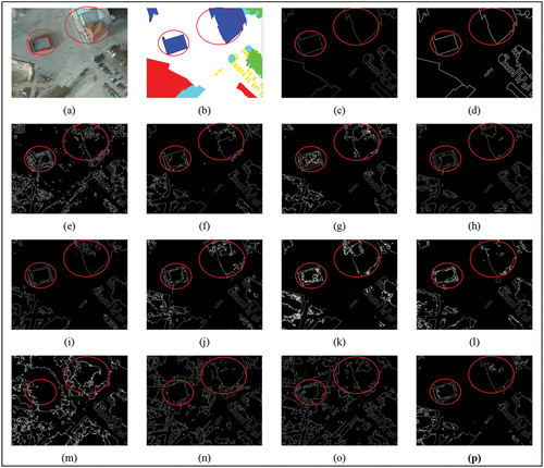 Figure 12. Results of boundary blur on the Potsdam dataset: a part of area 7_13 (a patch identification number of Potsdam dataset). (a) original, (b) GT, (c) edge, (d) dilated edge, (e) FCN–8s, (f) UNet, (g) SegNet, (h) PSPNet, (i) DeepLabv3+, (j) ERN, (k) SCAttNet, (l) ResUNet–a, (m) GAMNet, (n) LANet, (o) MDANet, (p) proposed BEDSN.