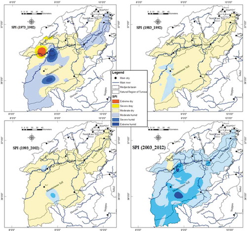 Figure 8. Spatial distribution of inter-annual SPI during four decades in the Medjerda catchment.