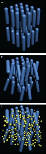 Figure 2 (A) The rod-like molecules of mesogenic unit of ALCRM and (B) the arrangement of the rod-like molecules during polymerization; (C) na-HA filler (yellow sphere) reinforce the rod-like structure.Abbreviations: ALCRM, acrylate liquid crystalline resin matrix; na-HA, nano-hydroxyapatite.