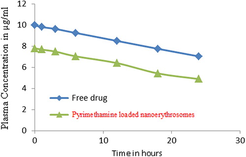 Figure 3. The blood plasma concentration of free drug solution and pyrimethamine-loaded nanoerythrosomes.