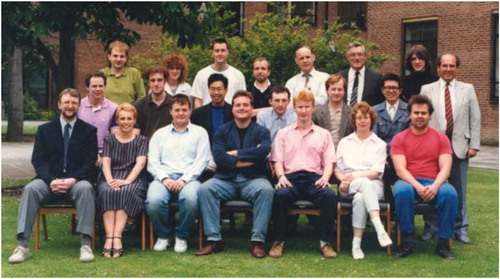 Figure 3. (colour online) Liquid Crystals and Advanced Materials Research Group, Hull University (1990). Back row from the left: Peter Styring, Maxine Tyler, Neil Thompson, Andy McRoberts, Alan Hall, Ken Toyne and Simon Holder; Middle row from left: Michael Hird, Russell Lewthwaite, Mike Lee, Ellis Bolton, Robert Lewis, Chuchuan Dong and David Lacey; Front row from left: John Goodby, Marlene Clark, Phil Smith, Dave Beattie, Chris Booth, Julie Haley and Andy Slaney.