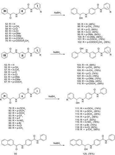 Figure 19 Synthesis of substituted 4-(2-hydroxy-2-phenyl-ethylamino)-N-phenyl-benzamide, synthesis of substituted 3-(2-hydroxy-2-phenyl-ethylamino)-N-phenyl-benzamide, synthesis of substituted 4-(2-hydroxy-2-phenyl-ethylamino)-N-phenyl-benzamide, and synthesis of naphthalen-2-yl (4-phenylcarbamoyl-phenylamino)-acetate.