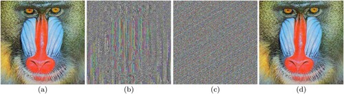 Figure 15. (a) Original Baboon image, (b) Image after modified Caesar Cipher encryption, (c) Final encrypted image after Card Deck Shuffle Rearrangement, (d) Decrypted image.