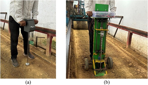 Figure 6. Experimentation in soil bin (a) Hand-pushed penetrometer and (b) Developed constant-rate penetrometer.