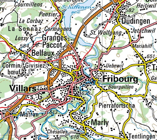 Figure 4. A sample topographic map (scale 1: 200 000) covering the study area of Fribourg, Switzerland. This map comes from Swisstopo (Citation2013) and must only be used for visualization purposes in this paper. Reproduced with permission of Swisstopo (BA13016).