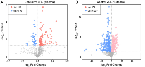 Figure 5 Comparison of differential lipids in plasma and testis between LPS group and control group. (A) Plasma, (B) Testis Based on the screening criteria of VIP>1andP<0.05, a total of 146 differential lipids were screened in plasma, 103 (70.5%) were up-regulated and 43 (29.5%) were down-regulated. A total of 401 differentially expressed lipids were screened in the testis, 174 (43.4%) were up-regulated and 227 (56.6%) were down-regulated. VIP is indicated by the size of the dot; the bigger the dot, the higher the value of VIP. The dots’ colors show state; red denotes upregulation and blue denotes downregulation.