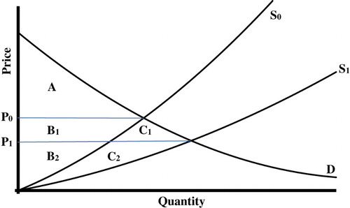 Figure 1. Change in consumer surplus and producer surplus due to supply curve shift from S0 to S1 for a given demand curve D, with initial equilibrium price P0 and new equilibrium price P1.