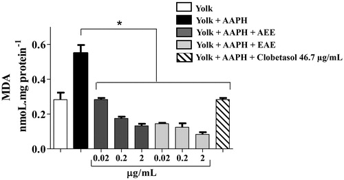 Figure 3. Prevention of lipid peroxidation in vitro by the AEE and the EAE from the fruit of D. indica. (*) denotes significant difference compared to the control, in which egg yolk lipids were treated with the free radical-generating compound 2,2′-azobis(2-methylpropionamidine) dihydrochloride (AAPH), p < 0.001. Data are the means of three independent experiments.