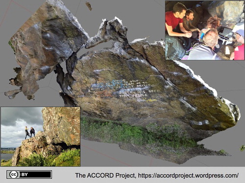 FIGURE 3 Climbers and members of the ACCORD Project team 3D recording and modelling rock surfaces used for climbing and bouldering at Dumbarton Rock. A 3D visualization of one of the boulders (with historic and contemporary graffiti) is in the centre. (CC-BY, ACCORD Project).