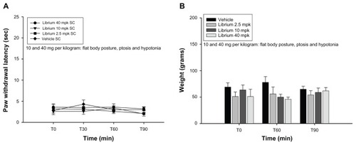 Figure 3 (A) Effect of chlordiazepoxide at various doses (2.5–40 mg/kg) and vehicle on complete Freund’s adjuvant-induced thermal hyperalgesia. Shown are the mean and standard error of the mean values for thermal withdrawal latency in seconds for the inflamed left paw; 5–7 animals per dose group were tested. Dose groups were compared with the vehicle group using the Wilcoxon-Mann-Whitney test, and no statistically significant differences were found. (B) Effect of chlordiazepoxide at various doses (2.5–40 mg/kg) and vehicle on complete Freund’s adjuvant-induced mechanical hyperalgesia. Shown are the mean and standard error of the mean values for the mechanical withdrawal threshold in grams for the inflamed left paw; 5–7 animals per dose group were tested. Dose groups were compared with the vehicle group using the Wilcoxon- Mann-Whitney test, and no statistically significant differences were found.