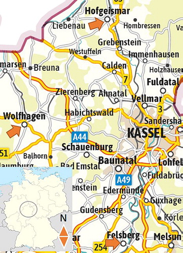 Figure 1. Location of the research area and municipalities: Hofgeismar, Wolfhagen, Felsberg.