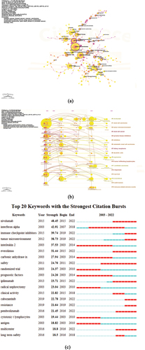 Figure 5. (a) Keywords co-occurrence map of publications on RCC immunotherapy. (b) A timeline view for keywords associated with RCC immunotherapy. T (c) CiteSpace visualization map of top 25 keywords with the strongest citation bursts of publications in the field of RCC immunotherapy from 2003 to 2022.
