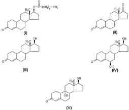 Figure 1 The structures of substrate and biotransformed metabolites. (I) Nandolone decanoate, (II) estr-4-en-3,17-dione, (III) 17β.-hydroxyestr-4-en-3-one, (IV) 6β.,17β.-dihydroxyestr-4-en-3-one, (V) 9α.,17β.-dihydroxyestr-4-en-3-one.