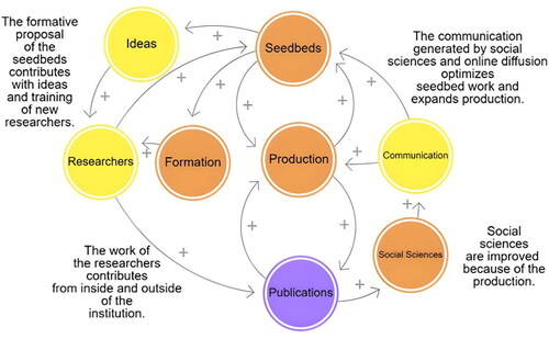 Figure 3. Optimization of the Shifting the Burden through the participation of the PJI. Elaboration: own. Note. The generation of spaces for dialogue allows greater growth and the possibility of establishing collaboration between institutions. At the same time, the presence of social sciences is included to promote communication regarding seedbeds and scientific production (STEM, social sciences and interdisciplinary studies).