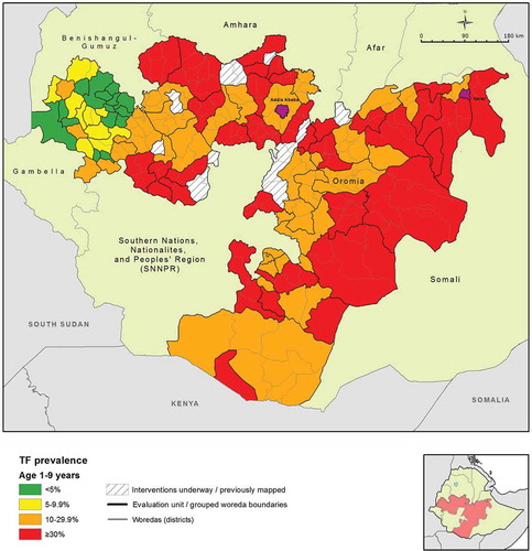 Figure 2. Prevalence of trachomatous inflammation – follicular (TF) in children aged 1–9 years by evaluation unit, Global Trachoma Mapping Project, Oromia, Ethiopia, 2012–2014.