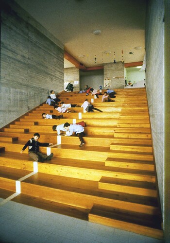 Figure 4. View of the central staircase, connecting the main entrance hall (on the upper level) to the double-height hall and the winter garden (on the lower level). Sergio Los and Natasha F. Pulitzer, Kindergarten, Crosara, Italy, 1972–78 (Source: Synergia Progetti archive: Sergio Los, Natasha F. Pulitzer).