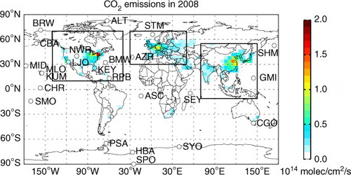 Fig. 1 Spatial distribution of FF CO2 emissions for 2008 and the locations of 24 GLOBALVIEW-CO2 sites (circles); the black boxes indicate the definition of three regions: North America (NA; 10° to 70°N, −140° to −40°E), Europe (EU; 30° to 70°N, −30° to 50°E) and Asia (AS; −11° to 55°N, 70° to 150°E).