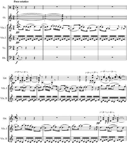 Figure 13 The Torres Strait Dance-Song (Violin 1) in Nourlangie, mm. (97) 100–12. Note: Based on a Major pentatonic scale and showing Sculthorpe's archetypal techniques for harmonizing pentatonic melodies.